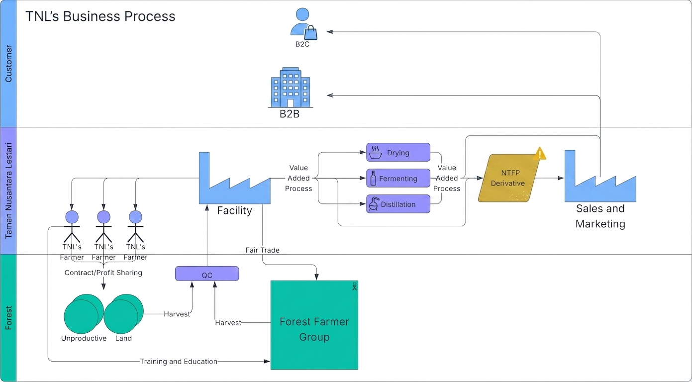 TNL Business Process diagram — Forest Farmer Group through QC, Facility, Value-Added Processing to B2B and B2C Sales